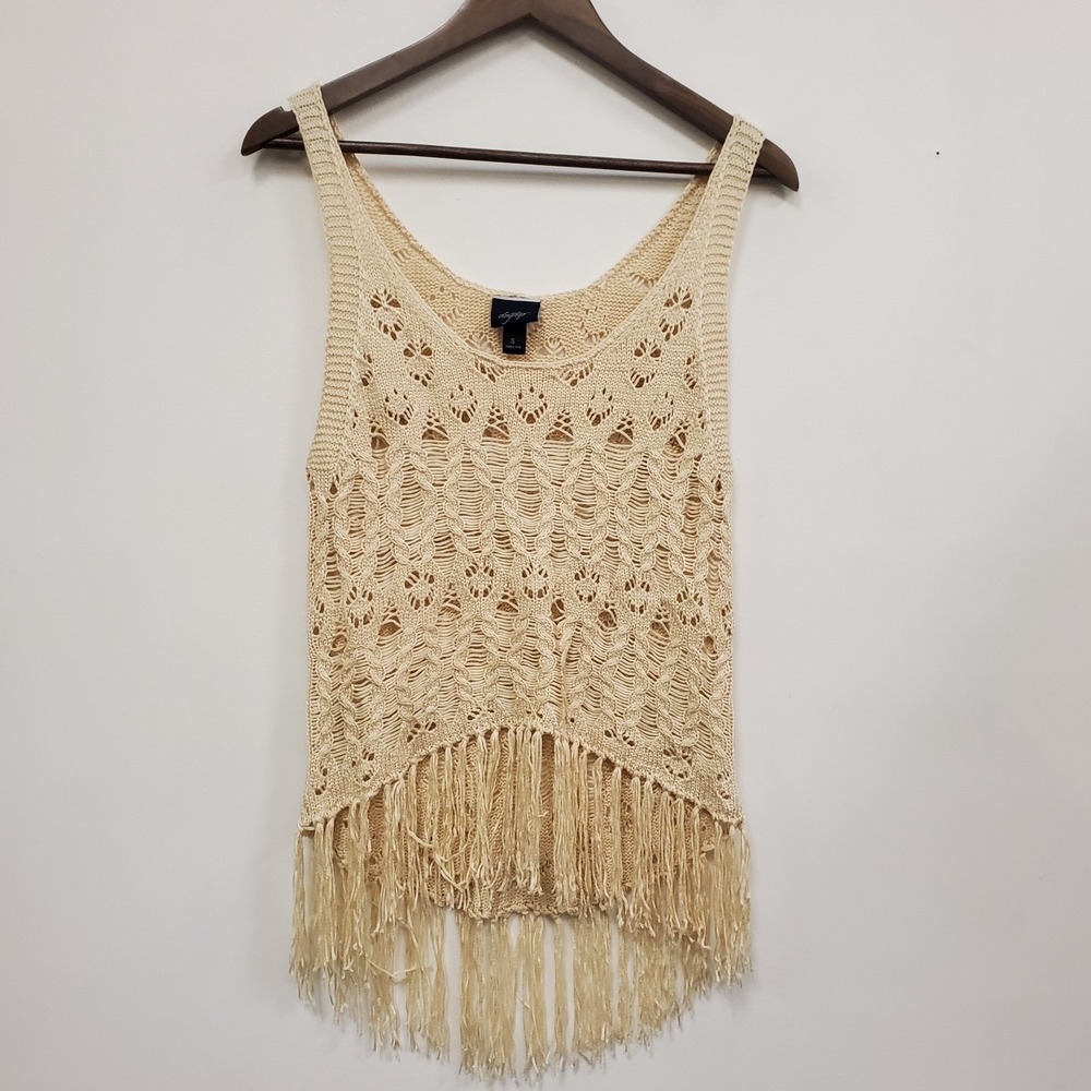 Daytrip Womens Scoop Neck Open Knit Festival Boho Tank Top Size S Cream Fringe